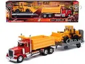 Peterbilt 379 Dump Truck Red and Wheel Loader Yellow with Flatbed Trailer ""Long Haul Truckers"" Series 1/32 Diecast Model by New Ray