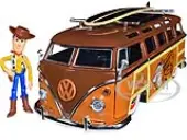 Volkswagen T1 Bus Brown with Graphics ""Sheriff Woody"" and Woody Diecast Figure and Surfboard ""Toy Story"" (1995) Movie ""Hollywood Rides"" Series 1/24 D