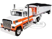 Ford LTL 9000 60"" Aerodyne Sleeper with Wilson Pacesetter Grain Trailer Orange and White 1/64 Diecast Model by DCP/First Gear