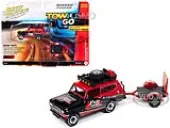 1979 International Scout II Red and Black ""Xtreme Quads"" with Open Utility Trailer ""Tow &amp; Go"" Series 1/64 Diecast Model Car by Johnny Lightning
