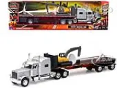 Peterbilt 389 Truck with Flatbed Trailer Silver Metallic with Excavator and Wind Turbine ""Long Haul Truckers"" Series 1/32 Diecast Model by New Ray