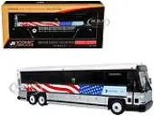 2001 MCI D4000 Coach Bus ""MTA New York City - 9/11 Memorial"" Silver and White with American Flag Graphics ""Vintage Bus &amp; Motorcoach Collection"" L