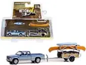 1988 GMC S-15 Sierra Pickup Truck Blue Metallic and White with Stripes and Canoe Trailer and Canoe Rack with Canoe and Kayak ""Hitch &amp; Tow"" Series