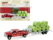 Dodge Ram 2500 Heavy Duty Pickup Truck Red with Flatbed Trailer Silver and 11 Hay Bales Set of 3 pieces ""Case IH Agriculture"" Series 1/64 Diecast Mod