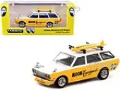 Datsun Bluebird 510 Wagon Yellow and White ""MOON Equipped"" with Roof Rack and Surfboard ""Global64"" Series 1/64 Diecast Model Car by Tarmac Works