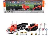 Peterbilt 379 Flatbed Truck Orange and Kubota SVL 95-2S Track Loader with Street Signs 1/32 Diecast Models by New Ray