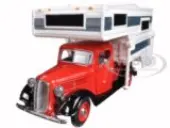 1937 Ford Pickup Truck with Camper Shell Red and White 1/24 Diecast Model Car by Motormax