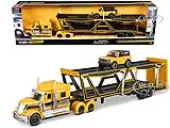 International Lonestar Open Car Hauler Yellow with Black Stripes and 2021 Ford Bronco Badlands Yellow with Black Top ""Transporters"" Series 1/64 Dieca