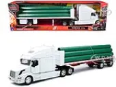 Volvo VN-780 Truck with Flatbed Trailer and Long Pipes White ""Long Haul Truckers"" Series 1/32 Diecast Model by New Ray