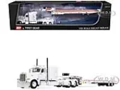 Peterbilt 389 with 63"" Flat Top Sleeper and Landoll 440B50CA Traveling Axle Trailer White 1/64 Diecast Model by DCP/First Gear