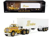 Mack R-Model Day Cab and 40 Vintage Trailer Yellow with Red Stripes and White Top ""Mack Anniversary"" 1/64 Diecast Model by DCP/First Gear
