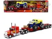 Peterbilt 379 Truck with Lowboy Trailer Red with Orange Flames and Monster Truck Yellow with Blue Flames ""Long Haul Truckers"" Series 1/32 Diecast Mod