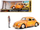 Volkswagen Beetle Weathered Yellow with Robot on Chassis and Charlie Diecast Figurine ""Bumblebee"" (2018) Movie (""Transformers"" Series) ""Hollywood Rid
