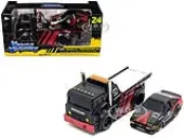 JDM Flatbed Truck 25 Black and Red and 1983-85 Toyota Trueno Sprinter (AE86) 25 Black and Red ""Advan"" Livery ""Muscle Transports"" Series 1/64 Diecast