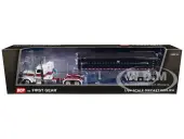 Peterbilt 389 with 48"" Mid-Roof Sleeper and MAC Coal End Dump Trailer White with Red and Gold Stripes 1/64 Diecast Model by DCP/First Gear