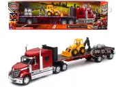 International Lonestar Truck with Flatbed Trailer Red Metallic with Front Loader and Rocks ""Long Haul Truckers"" Series 1/32 Diecast Model by New Ray
