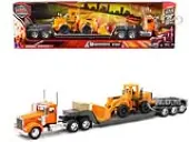 Kenworth W900 Truck with Lowboy Trailer Orange and Wheel Loader Yellow ""Long Haul Trucker"" Series 1/32 Diecast Model by New Ray