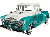 1957 Chevrolet 3100 Stepside Pickup Truck Lowrider Turquoise Metallic and White with White Interior ""Get Low"" Series 1/24 Diecast Model Car by Motorm