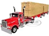 Peterbilt 389 Day Cab with Utility Dual 28.5 Flatbed Trailers with Hay Loads Viper Red with Graphics 1/64 Diecast Model by DCP/First Gear