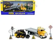 Peterbilt Roll-Off Flatbed Truck Yellow and New Holland L228 Skid Steer Yellow with Road Signs ""New Holland Construction"" Series 1/43 Diecast Model b