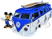 Volkswagen T1 Bus Blue and White with Graphics ""Nostalgic Islands Ride the Wave"" and Mickey Mouse Diecast Figure and Surfboard ""Disneys Mickey and Fr