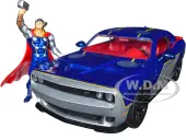2015 Dodge Challenger SRT Hellcat Dark Blue with Graphics and Red Interior and Thor Diecast Figure ""The Mighty Thor"" ""Marvel"" Series 1/24 Diecast Mod