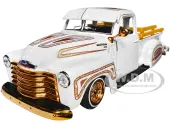 1950 Chevrolet 3100 Pickup Truck Lowrider White with Graphics and Gold Wheels ""Lowriders"" Series 1/25 Diecast Model Car by Maisto