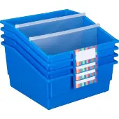 4 Pack Single Color Picture Book Classroom Library Bins With Dividers Color Blue by Really Good Stuff LLC