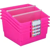 4 Pack Single Color Picture Book Classroom Library Bins With Dividers Color Pink Neon by Really Good Stuff LLC
