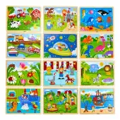 Wooden 16 Piece Puzzle Set of 12 with Storage Shelf by Viga