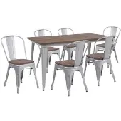 Bailey 3025 x 60 Metal Table Set with Wood Top and 6 Stack Chairs Color Silver by Really Good Stuff LLC