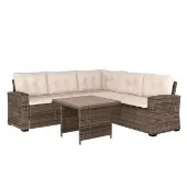 Huck Indoor Outdoor Wicker Rattan Conversation Set L Shaped Sofa with Dining Table Weather Resistant Cushions Color Beige by Really Good Stuff LLC
