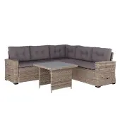 Huck Indoor Outdoor Wicker Rattan Conversation Set L Shaped Sofa with Dining Table Weather Resistant Cushions Color Gray by Really Good Stuff LLC