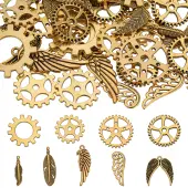 SUNNYCLUE 72pcs 9 styles Tibetan Style Alloy Gear/Feather Pendants