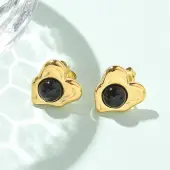 Natural Obsidian & Ion Plating(IP) 304 Stainless Steel Heart Stud Earrings