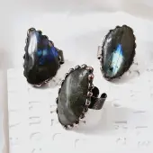Natural Labradorite and Brass Cuff Rings