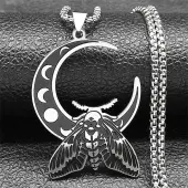 304 Stainless Steel Crescent Moon with Moth Pendant Box Chain Necklaces
