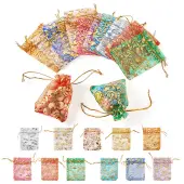 55Pcs 11 Colors Rose Printed Organza Drawstring Bags