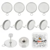 Beebeecraft 1 Box 50 Sets Blank Post Earring Stainless Steel Flat Round Stud Earring Settings and Ear Nuts with Loop for DIY Craft Jewelry...