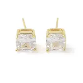Square Brass Stud Earrings with Clear Glass for Women
