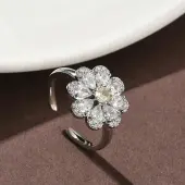 Flower Brass Micro Pave Cubic Zirconia Cuff Rings for Women