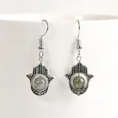 Natural Crystal Stone Hamsa Hand & Round Dangle Earrings