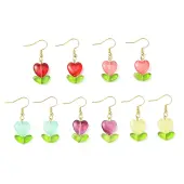 Heart Flower Glass & Lampwork Dangle Earrings
