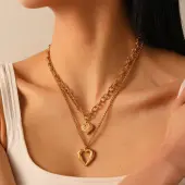 2Pcs 304 Stainless Steel Wing Heart Pendant Double Layer Necklaces for Women
