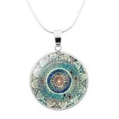 Glass Mandala Flower Dome Pendant Necklace