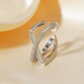 Hip-hop Style X-shaped Brass Micro Pave Clear Cubic Zirconia Cuff Rings for Women