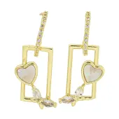 Heart with Butterfly Brass Clear Cubic Zirconia Stud Earrings