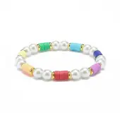 Polymer Clay Heishi & Glass Pearl & Brass Beaded Stretch Bracelet for Women