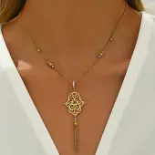 Bohemian Vintage Stainless Steel Crystal Rhinestone Geometric Hollow Flower Tassel Necklaces for Women