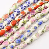 Handmade Flower Printed Porcelain Barrel Beads Strands